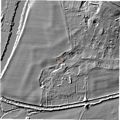 Shaded relief map of the ground around OX144LZ, computed from Environment Agency LiDAR. The ground here sits at about 51 m above sea level and falls 15 m across the surrounding 800 m. Surface water reaching this point runs off ground lying to the north-east, 12.8 m higher.
