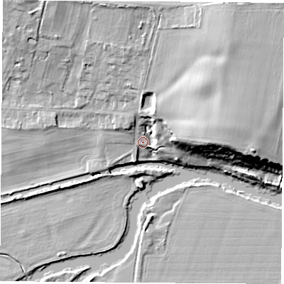 Shaded relief map of the ground around OX144NE, computed from Environment Agency LiDAR. The ground here sits at about 51 m above sea level and falls 18 m across the surrounding 800 m. Surface water reaching this point runs off ground lying to the north-east, 14.8 m higher.