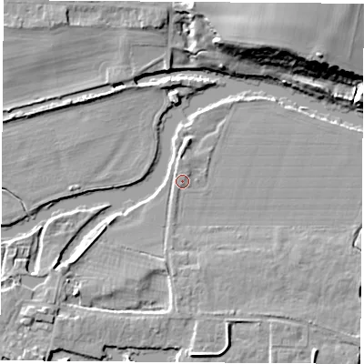Shaded relief map of the ground around OX144NF, computed from Environment Agency LiDAR. The ground here sits at about 49 m above sea level and falls 17 m across the surrounding 800 m. Surface water reaching this point runs off ground lying to the north-east, 0.8 m higher.