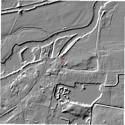 Shaded relief map of the ground around OX144NH, computed from Environment Agency LiDAR. The ground here sits at about 50 m above sea level and falls 8 m across the surrounding 800 m. Surface water reaching this point runs off ground lying to the south, 6.2 m higher.
