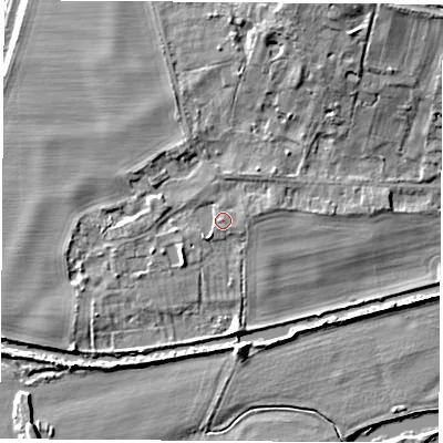 Shaded relief map of the ground around OX144NP, computed from Environment Agency LiDAR. The ground here sits at about 52 m above sea level and falls 14 m across the surrounding 800 m. Surface water reaching this point runs off ground lying to the east-north-east, 1.7 m higher.