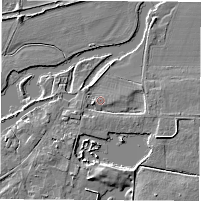 Shaded relief map of the ground around OX144NR, computed from Environment Agency LiDAR. The ground here sits at about 50 m above sea level and falls 8 m across the surrounding 800 m. Surface water reaching this point runs off ground lying to the east-south-east, 0.7 m higher.