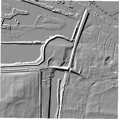 Shaded relief map of the ground around OX144NU, computed from Environment Agency LiDAR. The ground here sits at about 51 m above sea level and falls 15 m across the surrounding 800 m. Surface water reaching this point runs off ground lying to the south, 4.3 m higher.