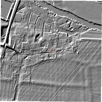 Shaded relief map of the ground around OX144PA, computed from Environment Agency LiDAR. The ground here sits at about 50 m above sea level and falls 9 m across the surrounding 800 m. Surface water reaching this point runs off ground lying to the south-east, 2.0 m higher.