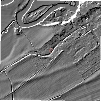 Shaded relief map of the ground around OX144QD, computed from Environment Agency LiDAR. The ground here sits at about 50 m above sea level and falls 7 m across the surrounding 800 m. Surface water reaching this point runs off ground lying to the north-east, 3.4 m higher.