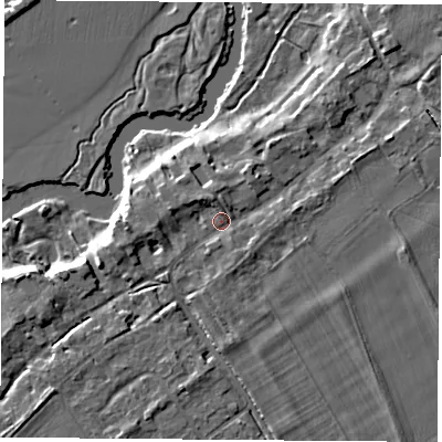 Shaded relief map of the ground around OX144QH, computed from Environment Agency LiDAR. The ground here sits at about 51 m above sea level and falls 7 m across the surrounding 800 m. Surface water reaching this point runs off ground lying to the north-north-west, 2.2 m higher.