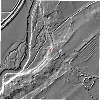 Shaded relief map of the ground around OX144QN, computed from Environment Agency LiDAR. The ground here sits at about 49 m above sea level and falls 7 m across the surrounding 800 m. Surface water reaching this point runs off ground lying to the east-south-east, 2.9 m higher.
