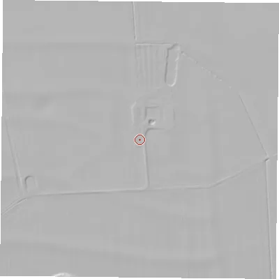 Shaded relief map of the ground around OX144QR, computed from Environment Agency LiDAR. The ground here sits at about 48 m above sea level and falls 5 m across the surrounding 800 m. Surface water reaching this point runs off ground lying to the south-south-west, 2.2 m higher.