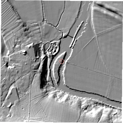 Shaded relief map of the ground around OX144RB, computed from Environment Agency LiDAR. The ground here sits at about 47 m above sea level and falls 23 m across the surrounding 800 m. Surface water reaching this point runs off ground lying to the south-south-west, 23.2 m higher.