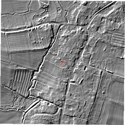Shaded relief map of the ground around OX144UA, computed from Environment Agency LiDAR. The ground here sits at about 52 m above sea level and falls 7 m across the surrounding 800 m. Surface water reaching this point runs off ground lying to the north-north-east, 0.6 m higher.