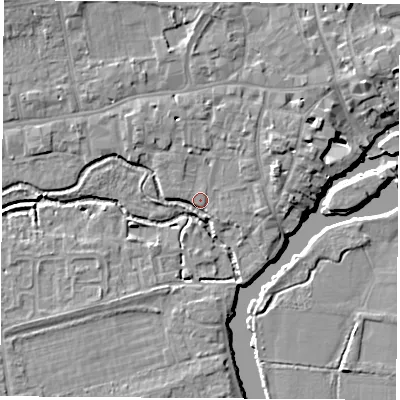 Shaded relief map of the ground around OX145AE, computed from Environment Agency LiDAR. The ground here sits at about 52 m above sea level and falls 8 m across the surrounding 800 m. Surface water reaching this point runs off ground lying to the north-east, 4.9 m higher.