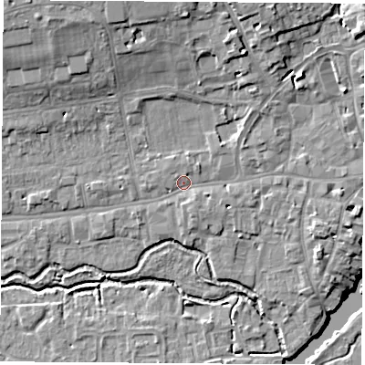 Shaded relief map of the ground around OX145AG, computed from Environment Agency LiDAR. The ground here sits at about 53 m above sea level and falls 13 m across the surrounding 800 m. Surface water reaching this point runs off ground lying to the north-east, 3.5 m higher.