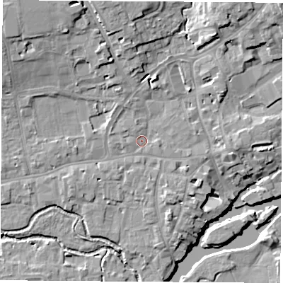 Shaded relief map of the ground around OX145AR, computed from Environment Agency LiDAR. The ground here sits at about 54 m above sea level and falls 13 m across the surrounding 800 m. Surface water reaching this point runs off ground lying to the north-north-west, 2.1 m higher.