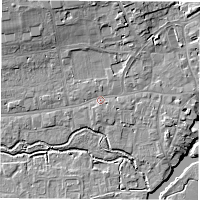Shaded relief map of the ground around OX145BZ, computed from Environment Agency LiDAR. The ground here sits at about 53 m above sea level and falls 12 m across the surrounding 800 m. Surface water reaching this point runs off ground lying to the north-east, 3.5 m higher.