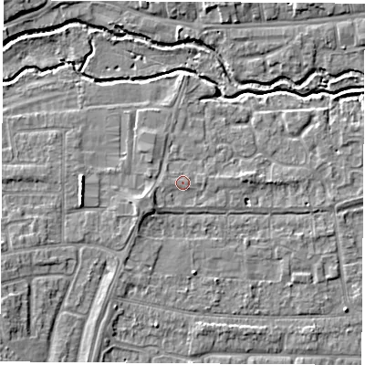 Shaded relief map of the ground around OX145DB, computed from Environment Agency LiDAR. The ground here sits at about 53 m above sea level and falls 8 m across the surrounding 800 m. Surface water reaching this point runs off ground lying to the west-south-west, 2.1 m higher.