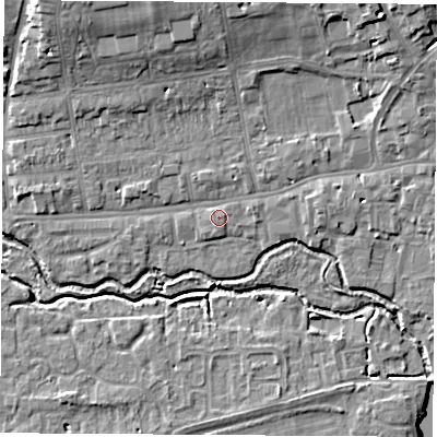 Shaded relief map of the ground around OX145DH, computed from Environment Agency LiDAR. The ground here sits at about 53 m above sea level and falls 11 m across the surrounding 800 m. Surface water reaching this point runs off ground lying to the north-east, 4.0 m higher.