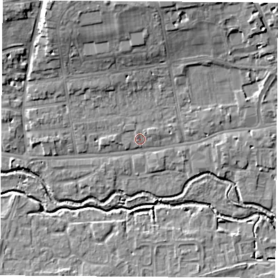 Shaded relief map of the ground around OX145DJ, computed from Environment Agency LiDAR. The ground here sits at about 53 m above sea level and falls 11 m across the surrounding 800 m. Surface water reaching this point runs off ground lying to the west-north-west, 1.0 m higher.