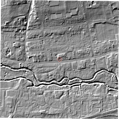 Shaded relief map of the ground around OX145DL, computed from Environment Agency LiDAR. The ground here sits at about 52 m above sea level and falls 11 m across the surrounding 800 m. Surface water reaching this point runs off ground lying to the north-north-west, 8.7 m higher.