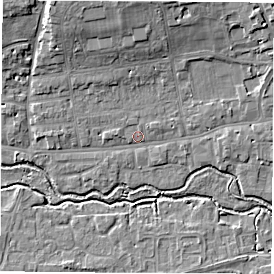 Shaded relief map of the ground around OX145DQ, computed from Environment Agency LiDAR. The ground here sits at about 53 m above sea level and falls 11 m across the surrounding 800 m. Surface water reaching this point runs off ground lying to the north, 9.1 m higher.
