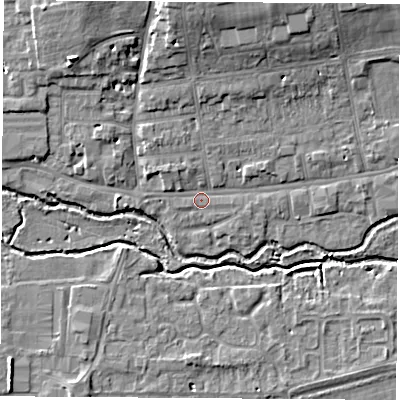 Shaded relief map of the ground around OX145DR, computed from Environment Agency LiDAR. The ground here sits at about 52 m above sea level and falls 10 m across the surrounding 800 m. Surface water reaching this point runs off ground lying to the north, 7.7 m higher.