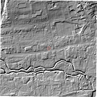 Shaded relief map of the ground around OX145DS, computed from Environment Agency LiDAR. The ground here sits at about 52 m above sea level and falls 12 m across the surrounding 800 m. Surface water reaching this point runs off ground lying to the north-north-west, 8.6 m higher.