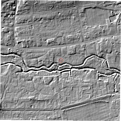 Shaded relief map of the ground around OX145DU, computed from Environment Agency LiDAR. The ground here sits at about 52 m above sea level and falls 8 m across the surrounding 800 m. Surface water reaching this point runs off ground lying to the north-north-west, 6.0 m higher.