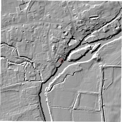 Shaded relief map of the ground around OX145ED, computed from Environment Agency LiDAR. The ground here sits at about 51 m above sea level and falls 8 m across the surrounding 800 m. Surface water reaching this point runs off ground lying to the north-north-east, 7.1 m higher.