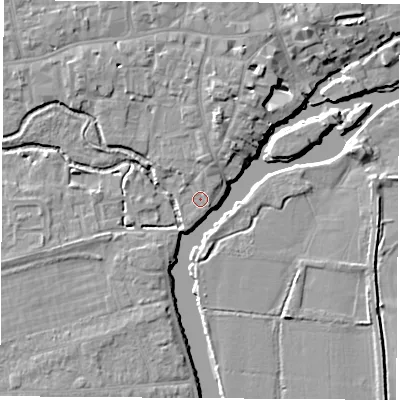 Shaded relief map of the ground around OX145EJ, computed from Environment Agency LiDAR. The ground here sits at about 51 m above sea level and falls 8 m across the surrounding 800 m. Surface water reaching this point runs off ground lying to the north, 2.4 m higher.