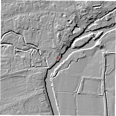Shaded relief map of the ground around OX145EL, computed from Environment Agency LiDAR. The ground here sits at about 51 m above sea level and falls 8 m across the surrounding 800 m. Surface water reaching this point runs off ground lying to the south-west, 4.5 m higher.