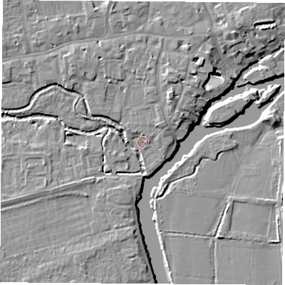 Shaded relief map of the ground around OX145EN, computed from Environment Agency LiDAR. The ground here sits at about 51 m above sea level and falls 8 m across the surrounding 800 m. Surface water reaching this point runs off ground lying to the north-east, 2.4 m higher.