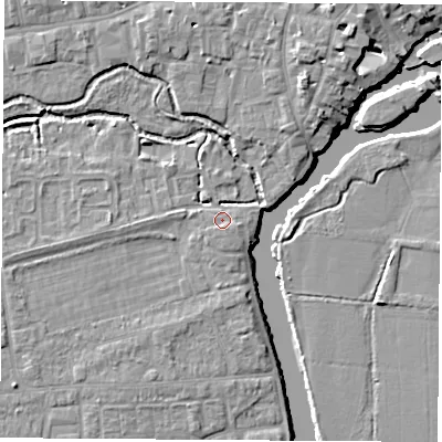 Shaded relief map of the ground around OX145EP, computed from Environment Agency LiDAR. The ground here sits at about 52 m above sea level and falls 7 m across the surrounding 800 m. Surface water reaching this point runs off ground lying to the south-east, 1.0 m higher.