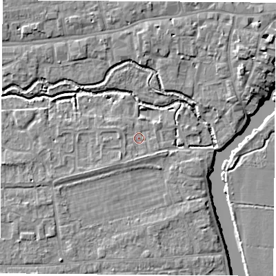 Shaded relief map of the ground around OX145ER, computed from Environment Agency LiDAR. The ground here sits at about 52 m above sea level and falls 7 m across the surrounding 800 m. Surface water reaching this point runs off ground lying to the south-west, 1.6 m higher.
