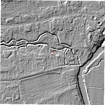 Shaded relief map of the ground around OX145ET, computed from Environment Agency LiDAR. The ground here sits at about 50 m above sea level and falls 7 m across the surrounding 800 m. Surface water reaching this point runs off ground lying to the north-east, 5.8 m higher.