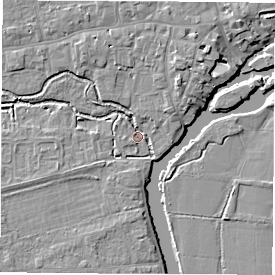 Shaded relief map of the ground around OX145EU, computed from Environment Agency LiDAR. The ground here sits at about 50 m above sea level and falls 8 m across the surrounding 800 m. Surface water reaching this point runs off ground lying to the north-east, 3.7 m higher.