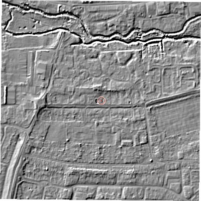 Shaded relief map of the ground around OX145EZ, computed from Environment Agency LiDAR. The ground here sits at about 52 m above sea level and falls 5 m across the surrounding 800 m. Surface water reaching this point runs off ground lying to the west, 2.3 m higher.