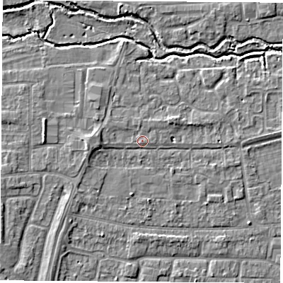 Shaded relief map of the ground around OX145FN, computed from Environment Agency LiDAR. The ground here sits at about 53 m above sea level and falls 7 m across the surrounding 800 m. Surface water reaching this point runs off ground lying to the west, 2.2 m higher.