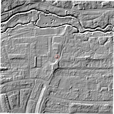 Shaded relief map of the ground around OX145FU, computed from Environment Agency LiDAR. The ground here sits at about 53 m above sea level and falls 8 m across the surrounding 800 m. Surface water reaching this point runs off ground lying to the south-south-west, 1.6 m higher.
