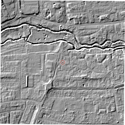 Shaded relief map of the ground around OX145FW, computed from Environment Agency LiDAR. The ground here sits at about 52 m above sea level and falls 7 m across the surrounding 800 m. Surface water reaching this point runs off ground lying to the south-south-west, 2.0 m higher.