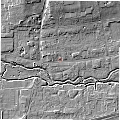 Shaded relief map of the ground around OX145FX, computed from Environment Agency LiDAR. The ground here sits at about 52 m above sea level and falls 11 m across the surrounding 800 m. Surface water reaching this point runs off ground lying to the north, 8.2 m higher.
