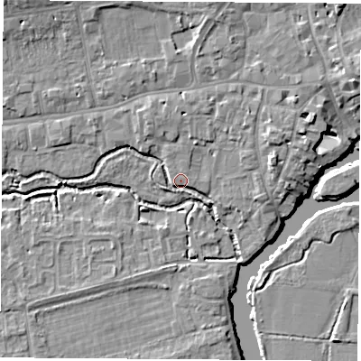 Shaded relief map of the ground around OX145GL, computed from Environment Agency LiDAR. The ground here sits at about 52 m above sea level and falls 8 m across the surrounding 800 m. Surface water reaching this point runs off ground lying to the north-north-west, 3.6 m higher.