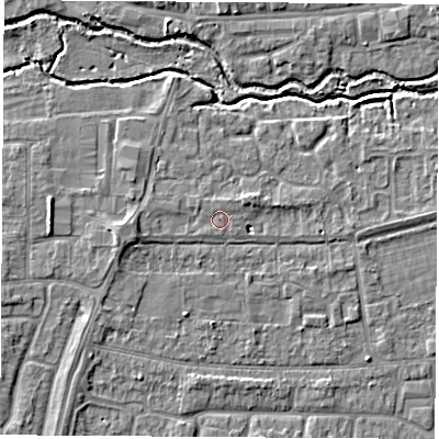 Shaded relief map of the ground around OX145HA, computed from Environment Agency LiDAR. The ground here sits at about 53 m above sea level and falls 5 m across the surrounding 800 m. Surface water reaching this point runs off ground lying to the north, 0.6 m higher.