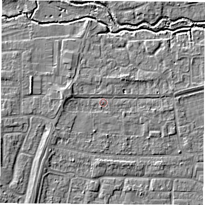 Shaded relief map of the ground around OX145HB, computed from Environment Agency LiDAR. The ground here sits at about 52 m above sea level and falls 7 m across the surrounding 800 m. Surface water reaching this point runs off ground lying to the west, 2.3 m higher.