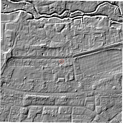 Shaded relief map of the ground around OX145HD, computed from Environment Agency LiDAR. The ground here sits at about 52 m above sea level and falls 5 m across the surrounding 800 m. Surface water reaching this point runs off ground lying to the east-north-east, 0.9 m higher.