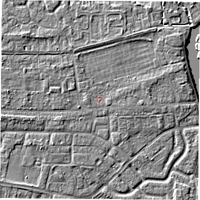 Shaded relief map of the ground around OX145HF, computed from Environment Agency LiDAR. The ground here sits at about 52 m above sea level and falls 5 m across the surrounding 800 m. Surface water reaching this point runs off ground lying to the west, 0.8 m higher.