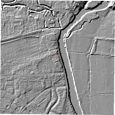 Shaded relief map of the ground around OX145HP, computed from Environment Agency LiDAR. The ground here sits at about 52 m above sea level and falls 5 m across the surrounding 800 m. Surface water reaching this point runs off ground lying to the north-north-west, 2.1 m higher.