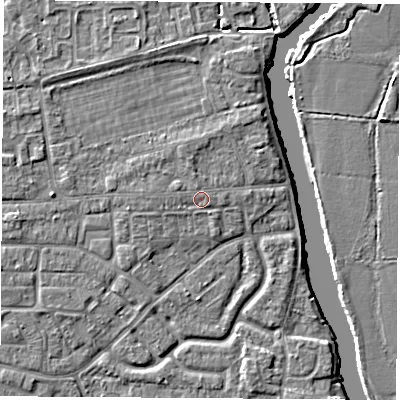 Shaded relief map of the ground around OX145HQ, computed from Environment Agency LiDAR. The ground here sits at about 52 m above sea level and falls 5 m across the surrounding 800 m. Surface water reaching this point runs off ground lying to the west, 0.6 m higher.