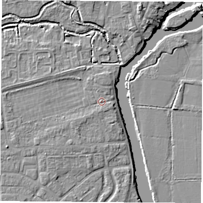 Shaded relief map of the ground around OX145HR, computed from Environment Agency LiDAR. The ground here sits at about 52 m above sea level and falls 7 m across the surrounding 800 m. Surface water reaching this point runs off ground lying to the south-west, 1.0 m higher.