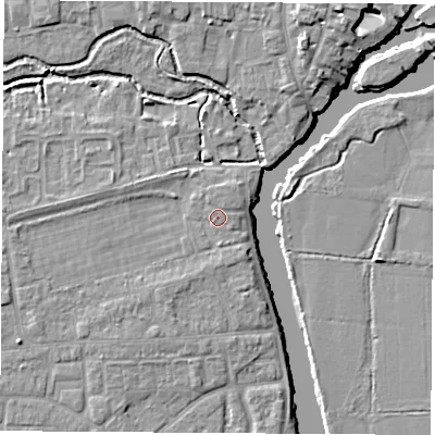 Shaded relief map of the ground around OX145HS, computed from Environment Agency LiDAR. The ground here sits at about 52 m above sea level and falls 7 m across the surrounding 800 m. The ground contributing surface water to this point lies to the north-north-west.