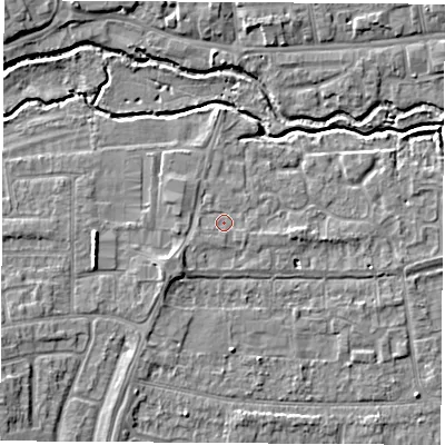 Shaded relief map of the ground around OX145HT, computed from Environment Agency LiDAR. The ground here sits at about 52 m above sea level and falls 7 m across the surrounding 800 m. Surface water reaching this point runs off ground lying to the west-south-west, 0.7 m higher.
