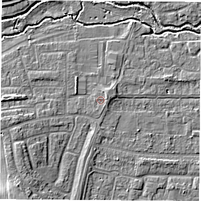 Shaded relief map of the ground around OX145HU, computed from Environment Agency LiDAR. The ground here sits at about 53 m above sea level and falls 11 m across the surrounding 800 m. Surface water reaching this point runs off ground lying to the east-north-east, 1.3 m higher.